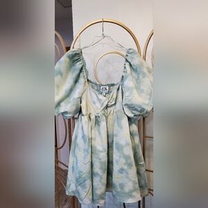 Future Collective Mini Dress Womens Large Puff Sleeves Lined Green Tie Dye